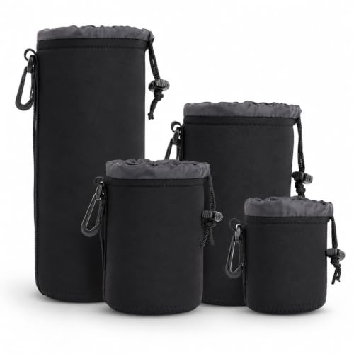 Active Pro - Hochwertiger, schützender Neopren-Objektivbeutel für Nikon / Sony / Canon EOS Objektive und mehr - 4er Pack (S, M, L & XL) - Haken und Gürtelschlaufe