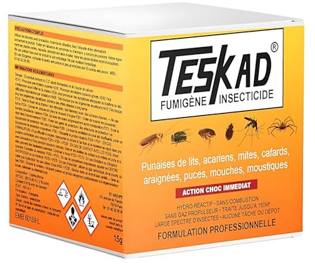 TESKAD Fumigène Insecticide – Anti Puces, Punaises de Lit, Cafards, Mites, Araignées, Mouches, Moucherons – Action Choc Jusqu’à 250m³ – Traitement Intérieur Efficace