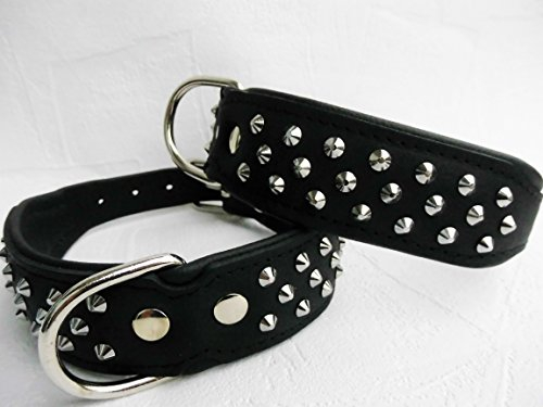 Leder Halsband - Hundehalsband, Nieten, Halsumfang 45-51cm/45mm, Schwarz - Schwarz, NEU (1168)