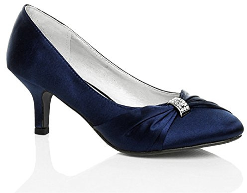 WOMENS SATIN HEELS LADIES WEDDING BRIDAL BRIDESMAID STILETTO LOW MID KITTEN HEEL DIAMANTE BUCKLE EVENING PARTY PROM SLIP ON CLOSE TOE SMART FORMAL CLASSIC SHOES PUMP SIZE 5 UK Navy