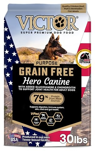 VICTOR Super Premium Dog Food – Purpose Hero Canine Kibble – Premium Gluten Free Dog Food for Active Adult Dogs – High Protein with Glucosamine and Chondroitin for Hip and Joint Health, 30lbs
