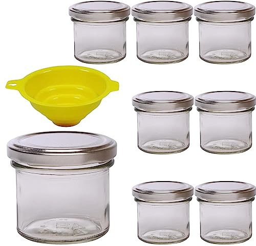 Viva Haushaltswaren - 8 Small Marmelade Jars 125 ml with Silver-Coloured Lids for Jam, Spices, Salts, Oil, Anniversaries, Including A Yellow Funnel with Arrettierung