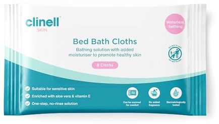 Clinell Skin Bed Bath Wipes - Pack of 1 - 8 Wipes - Easy to use, Containing Aloe Vera, Dermatologically Tested, Alcohol-Free, Gentle pH Neutral Formula