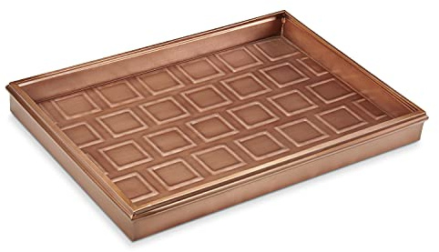 Good Directions 20″ x 14″ Decorative Squares Design Metal Boot Tray – Galvanized Steel with Copper Finish, Multi-Purpose Shoe, Plant & Pet Bowl Tray