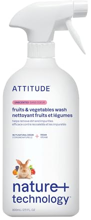 ATTITUDE Fruit and Vegetable Wash, Removes Wax, Dirt and Impurities, Plant- and Mineral-Based Formula, Vegan, Unscented, 800 mL