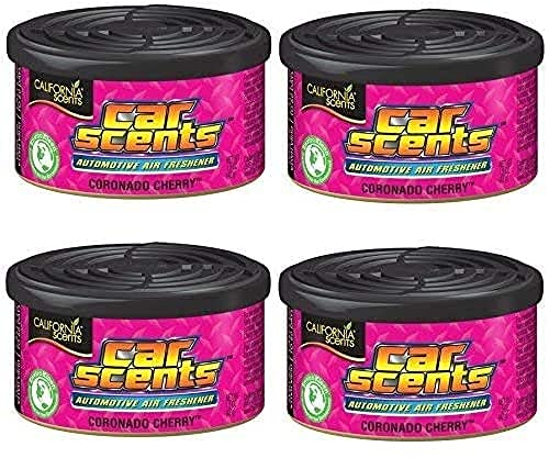 California Scents Ambientador de coche en Lata - 4 Pack - Fragancia Duradera de Cereza (Hasta 30 Días) - Control de Intensidad de Olor para un Ambiente Fresco y Personalizado en tu Coche, 42g