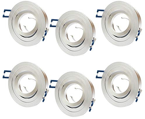 6x ALU Einbaustrahler GU10 Set – 6 Stück Aluminium Einbaurahmen Rund in Silber gebürstet Optik Inkl. GU10 Fassung für LED oder Halogen Leuchtmittel, 30° Schwenkbar, Rund, 230V