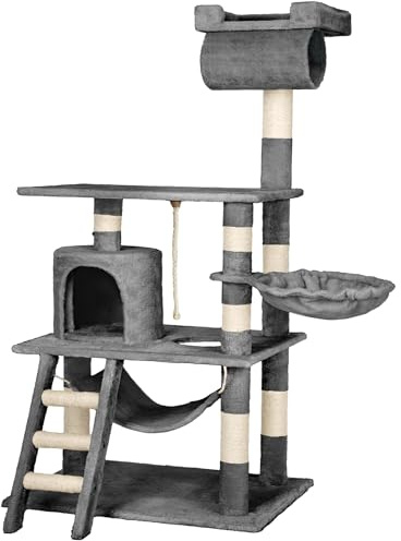 tectake® Tiragraffi per Gatti, Albero Medio 141 cm con Amaca, Cuccetta, Tunnel, Piattaforma, Giochi per Gatti, Sisal Robusto per Artigli, Struttura Compatta, per Interni - Grigio