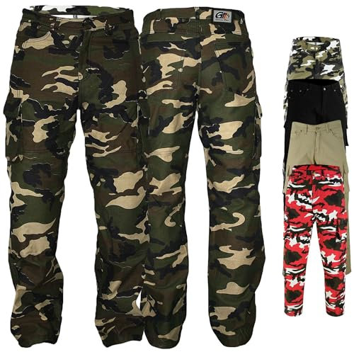 German Wear Motorradhose Herrren - Motorradjeans mit 2 CE-Protektoren - Bikerjeans futter aus Aramid-Kevlar-Stoff verstärkt - Cargohose rutsch- & brandfeste Jeanshose mit 6 Taschen Grün/Camo - 32W / 3