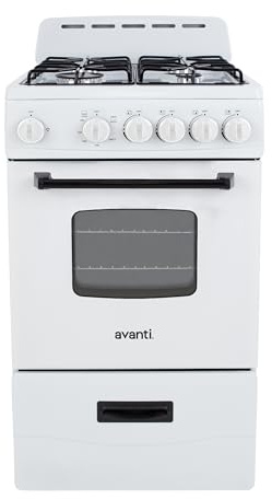 Avanti Gas Range Oven, Compact Freestanding Design, 4 Sealed Burners with Electronic Ignition, 2.1 Cu.Ft. Capacity Features Framed Glass Door Storage Drawer Broiler and Accessories, 20-Inch, White