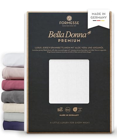 Bella Donna Premium feines Luxus-Jersey-Spannbettlaken: seidig&weich, glatt | FORMESSE Farbe Weiss; 180x190-200x220cm, bis 30cm; 97% Baumwollzwirn, 3% Elastan; Aloe vera, Arganöl, merzerisiert