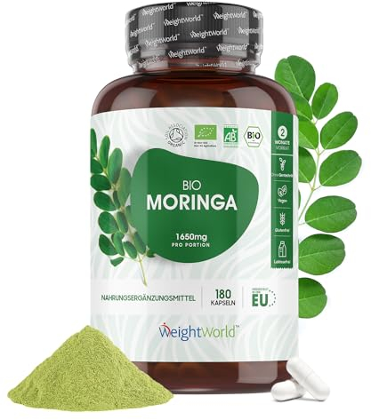 Bio Moringa - 1650mg Moringa Oleifera Pulver - 180 vegane Kapseln für 2 Monate - Zertifiziertes Superfood - 3 Kapseln Täglich - Geprüfte Zutaten, Ohne Zusätze & Gentechnik - WeightWorld