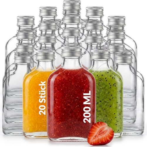 slkfactory 20 Bouteille Verre 200ml – Flasque, Bouteille 200 ml en Verre Fiole 20 cl avec Bouchon à Vis Réutilisable Alcool Liqueur Cadeau Rangement