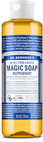 Dr. Bronner's Pure-Castile Magic Liquid Soap (Peppermint, 8 Ounce)- Made with Organic Oils, 18-in1 Uses: Face, Hair, Hand & Body Soap, Laundry, Pets- Concentrated, Vegan, Non-GMO