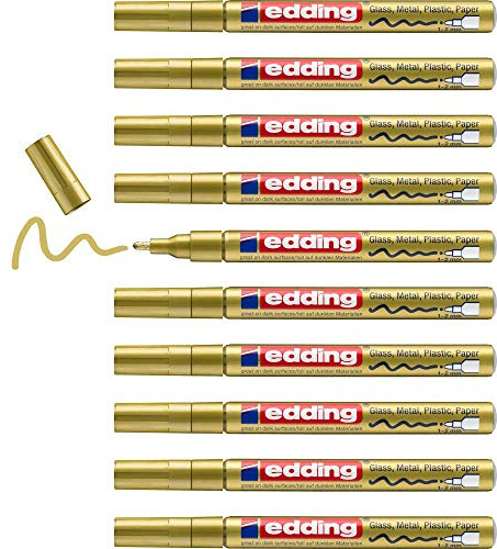 edding 751 Glanzlackmarker - gold - 10 Lackmarker - Rundspitze 1-2 mm - Lackstift für Glas, Stein, Holz, Kunststoff und Papier - wasserfest, stark deckend