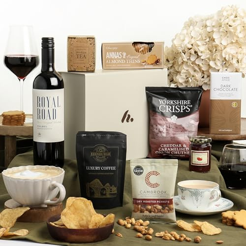 Red Wine Gift Set | Luxury Wine Hamper for Men & Women | Royal Road Malbec, Artisan Savoury Snacks, Premium Chocolate, Tea & Coffee | Perfect for Birthdays & Celebrations