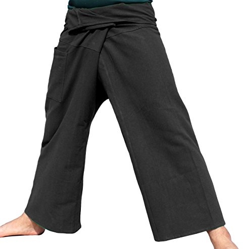 RaanPahMuang Thai Fisherman Pants Men/Women, Loose Yoga, Pirate, Harem Pants, 100% Cotton, Unisex Kimono Pants, Small-Medium, Black