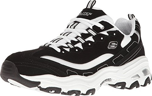 Skechers Women's D'lites Biggest Fan Sneaker, Black Trubuck White Mesh Silver Trim, 10 UK