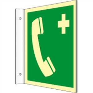 Fahnenschild Notruftelefon HIGHLIGHT PVC 20 x 20cm mit 2 Bohrungen à 3 mm Ø Leuchtdichte: HIGHLIGHT 48 mcd/m² gemäß ISO 7010, E004