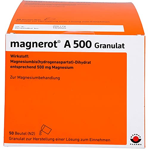 magnerot® A 500 mg Granulat Magnesium zum Auflösen, 50 Stk. | Bei Magnesiummangel, hochdosiert, praktische Portionsbeutel, nur 1x täglich, zum Auflösen in Wasser, Passionsfrucht-Geschmack