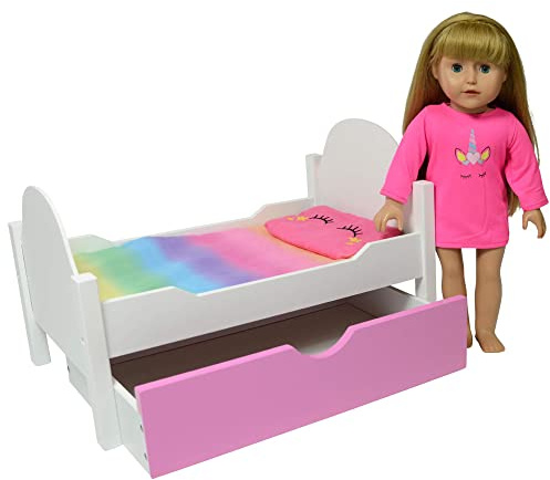 The New York Doll Collection Letto per Bambole in Legno Unicorno Adatto per Bambole da 18 Pollici / 46 cm (Letto a Rotelle) Mobili per American Girl Bambole, Lettino Bambole