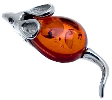Amber Sterling Silver Mouse Brooch Pin