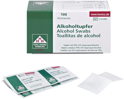 Alkoholtupfer zum Reinigen 70% Isopropylalkohol unsteril einzeln verpackt ungefaltet 6 x3 cm. Box à 100 St.