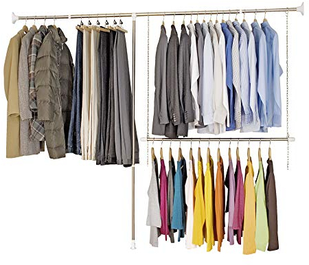 WENKO Teleskop-Garderoben-Set Edelstahl 3-teilig, Verstellbares Ordnungssystem, 150-245 x 160-202 cm, Silber glänzend