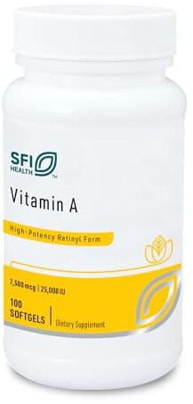 Klaire Labs SFI Health Vitamin A - High Potency 25000 IU Dose (7,500mcg RAE) from Fish Liver Oil, Preformed Retinol Form (100 Softgels)