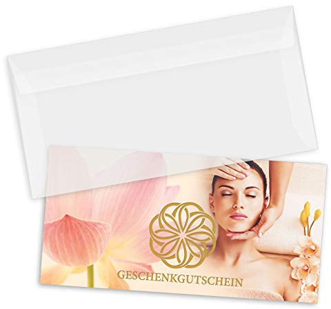 GESCHENKGUTSCHEINcom by POS-HAUER. Gutschein-Set. 25x Gutschein + Kuvert. Für Wellness Kosmetik Kosmetikinstitute, blanko zum selber Ausfüllen.