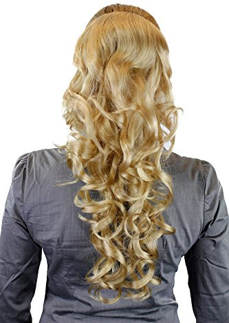 WIG ME UP - WK03-202 Haarteil/Zopf voluminös Locken lockig sehr lang (60 cm) + Steckkämme & Gummizug Hellblond