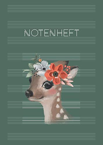 Notenheft: DIN A4 Blanko Musiknotensystem mit Register | Musik Noten für Schule, Unterricht & Hobby | große Lineatur für Anfänger - Motiv: Reh