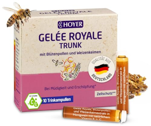 HOYER Gelée Royale + Blütenpollen Trinkampullen - 10x 10 ml Kurpackung | mit Weizenkeim & Vitamin C - Nahrungsergänzung für Vitalität & Immunsystem - vegetarisch, ohne Zusatzstoffe