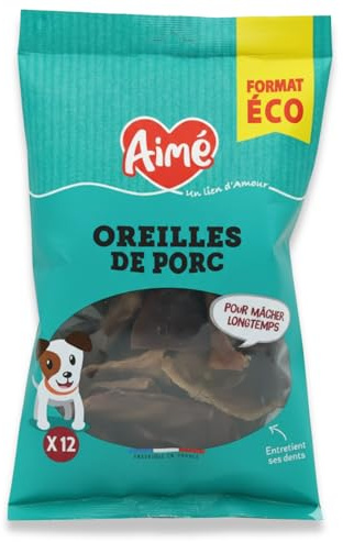 Aimé- Orejas de Cerdo para Perros y Cachorros x12 - Snacks para Perros 100% Natural - Chuches para Perros Todas las Razas y Edades - Carne Seca para Perro - Premios para Perros Sin Conservantes