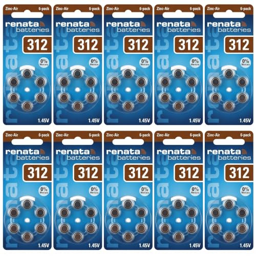60 x Renata Talla 312 - Pilas para audífonos (10 Paquetes de 6 Unidades, PR41), Color marrón