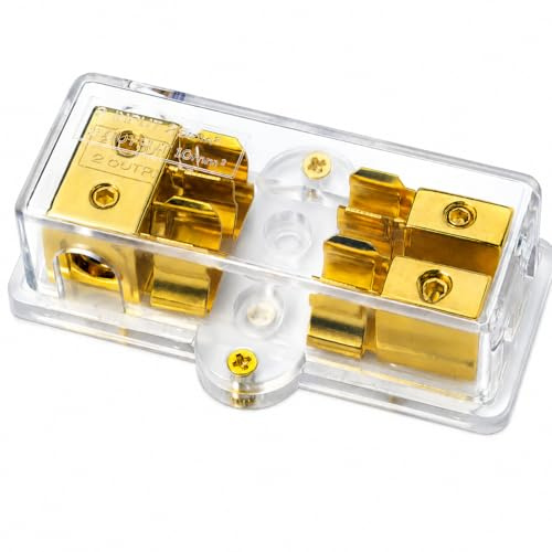 Sinuslive SB2-2 Sicherungsverteilerblock für 2x SG-Sicherungen, 2x Eingang bis 25 mm², 2x Ausgang bis 10 mm², 24K vergoldeter Car-HiFi Stromverteiler, transparenter Sicherungsblock