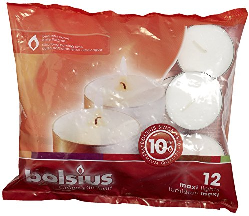 Bolsius Maxi-Teelichter, für Innen- und Außenbereich, 10 Stunden Brenndauer, 24 x 60 mm, 12 Stück, weiß