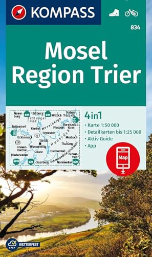 KOMPASS Wanderkarte 834 Mosel, Region Trier 1:50.000: 4in1 Wanderkarte mit Aktiv Guide und Detailkarten inklusive Karte zur offline Verwendung in der KOMPASS-App. Fahrradfahren.