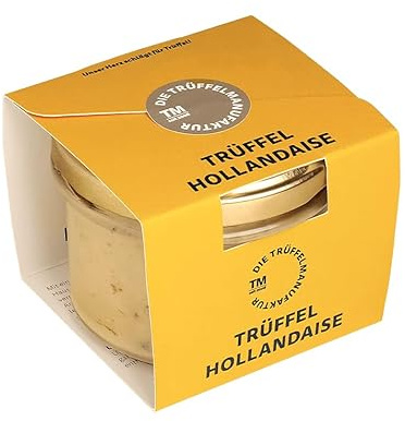 Die Trüffelmanufaktur - Trüffel Hollandaise Soße, Feinkost Trüffelcreme mit 10% echtem schwarzem Trüffel, Trüffelhollandaise Sauce für Spargel, Gemüse, Fisch & Fleisch, Trüffelsoße weiß im 180 g Glas