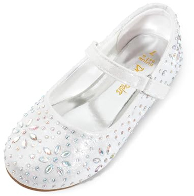 DREAM PAIRS Girl's Dress Shoes Mary Jane Rhinestone Buckle Strap Ballerina Flats,Size 6 Little Kid,White,ANGEL-66