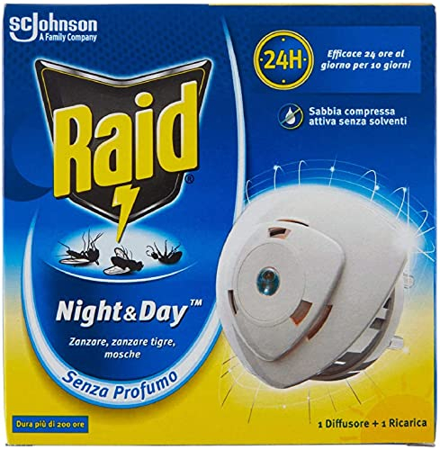 Raid Night & Day Base con Ricarica, Antizanzare e Repellente Mosche, Contiene 1 Diffusore e 1 Ricarica, Senza Profumo