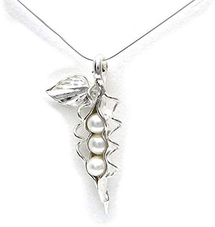 Pea Pod Necklace - 3 Peas White Freshwater Pearls and Sterling Silver - Gift Boxed with Story Card - Each Unique Handmade in USA (18 Inch Chain Length)