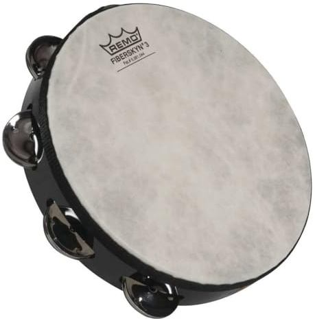 Remo Pretuned Fiberskyn Tambourine, 8 in, Single Row Jingles, Black Finish, Plain Head for Classroom Percussion
