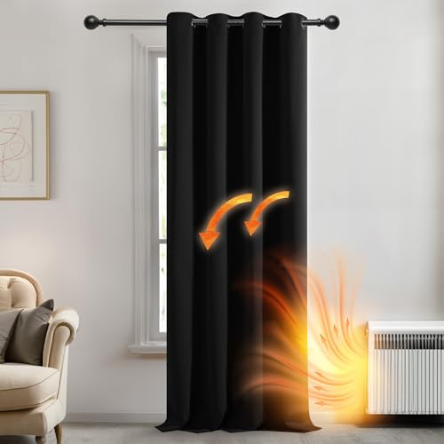 Deconovo Verdunkelungsvorhang Hitzeschutz Thermovorhang mit Ösen Schwarz | 1 Stück, H180 x B140 cm, Ösenschal Vorhang, abdunkelnd, mit Sichtschutz, für Wohnzimmer und Schlafzimmer, Blackout Curtain