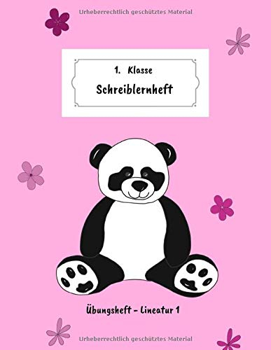 1. Klasse - Schreiblernheft: Übungsheft für Erstklässler • Grundschule | Lineatur 1 mit Häuschen | Geschenkideen zum Schulanfang | Motiv: Panda rosa