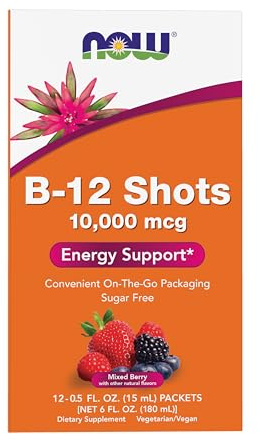 NOW Foods B-12 10,000mcg Shots 0.5 ounce 12 Count Box Mixed Berry
