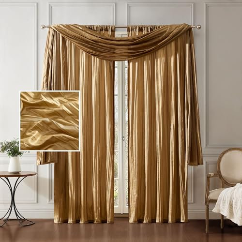 Elrene Home Fashions Athena Faux Crushed-Silk Window Curtain Panel and Valance Set, 52x84 (2 Panels) & 1 Valance, Gold