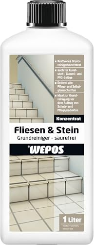 Wepos Fliesen u. Stein Grundreiniger säurefrei 1 Liter | Konzentrat | Kraftvolles Grundreinigen | auch für Kunststoff, Gummi und PVC | Schütz und Pflegt | entfernt hartnäckigen Schmutz