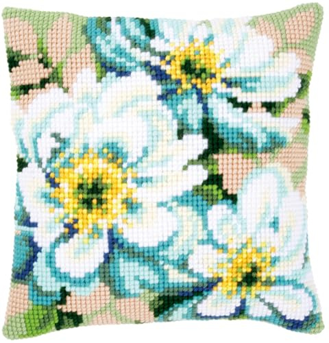 VERVACO Kreuzstich Stickpackungen Kissen Stickerei Set Anfänger Vorgedruckt Japanische Anemone II DIY Set Kreativ Set Für Erwachseneca. 40 x 40 cm Bastelset Handwerker Haus Dekoration