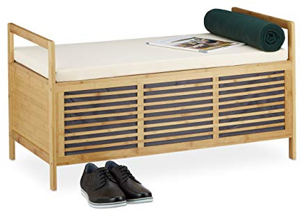 Relaxdays Banco Almacenamiento con Cojín para Baño, Recibidor, Salón y Dormitorio, Bambú, Marrón, 50 x 93 x 48 cm